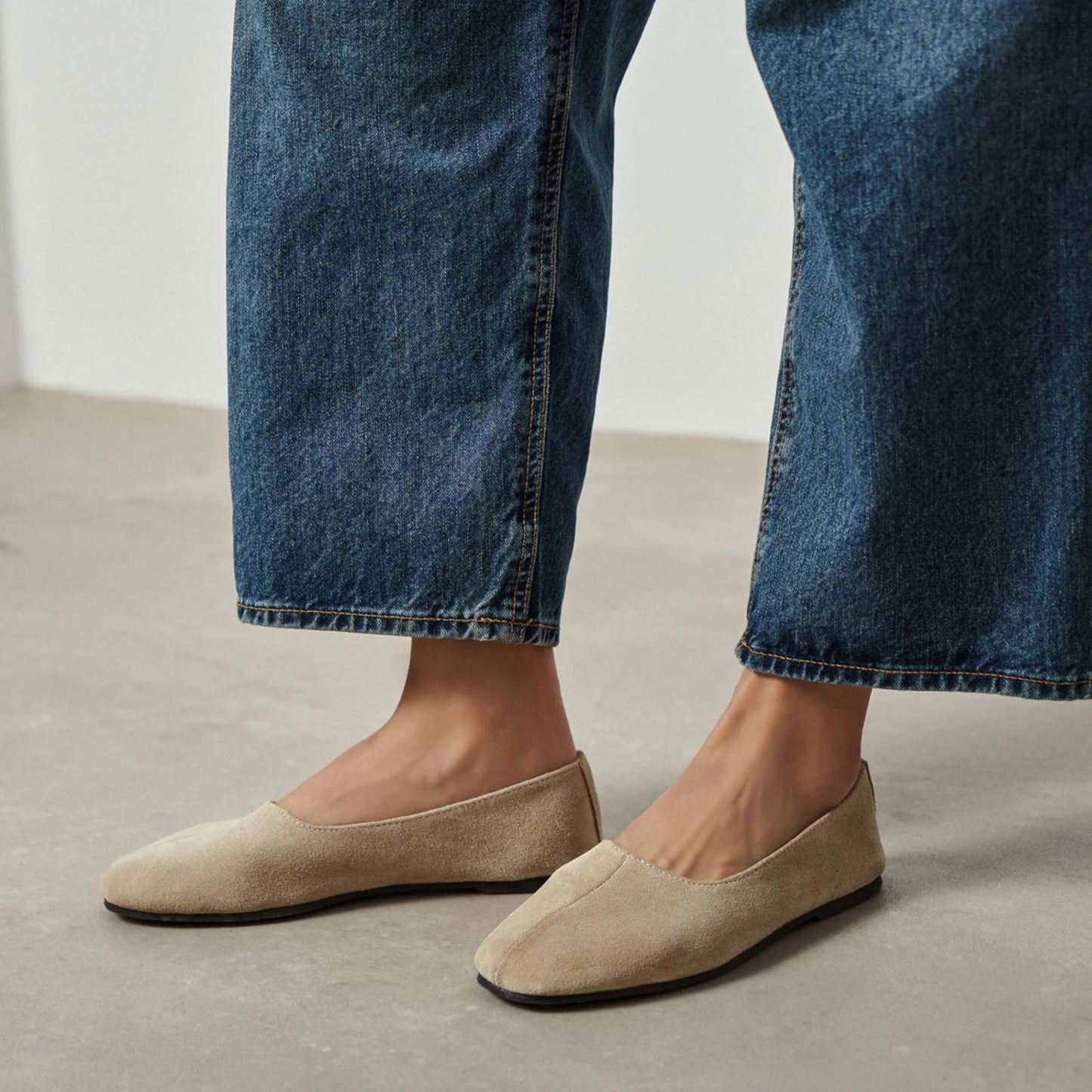 Beige Cow Suede Round-Toe Slip-On Classic Ballet Flats