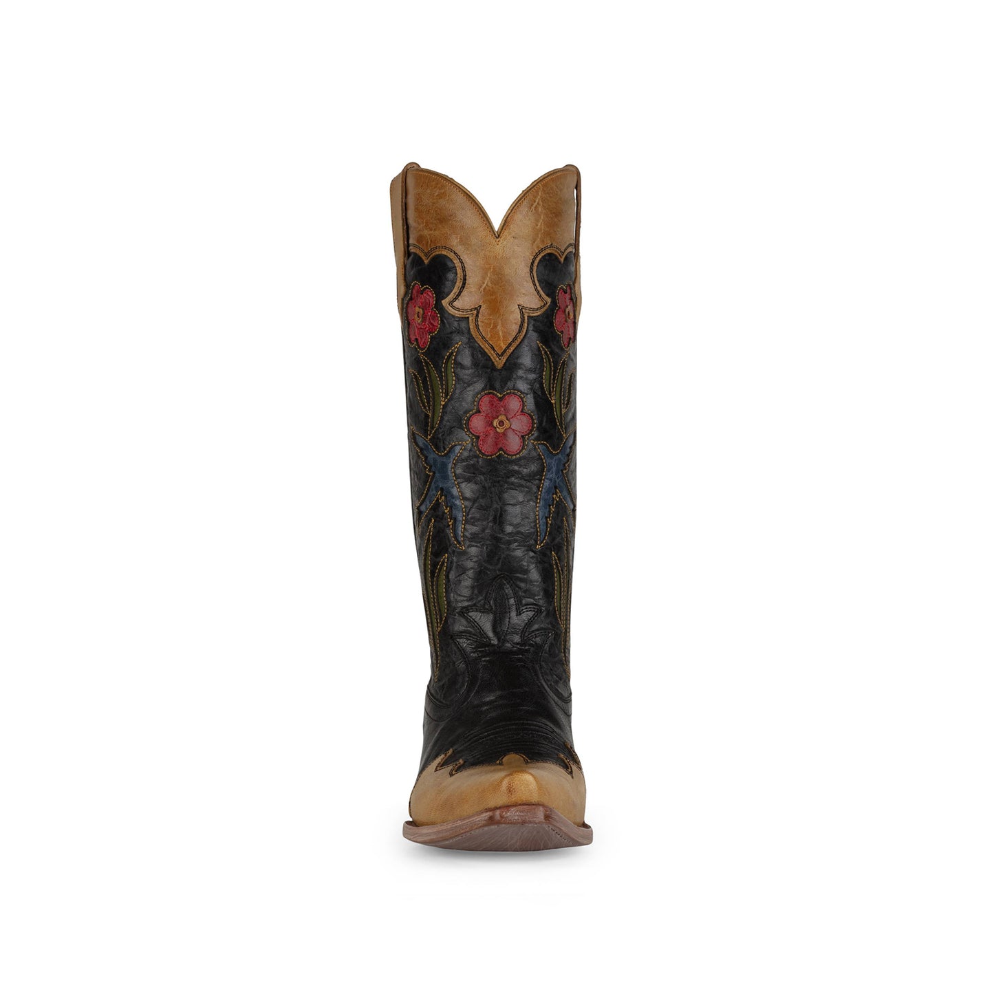 Contrast Black And Brown Snip-Toe Birds Flowers Inlays Mid Calf Cowgirl Boots