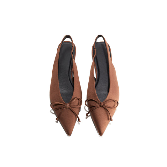 Brown Satin Pointed-Toe Front Bow Slingback Flats