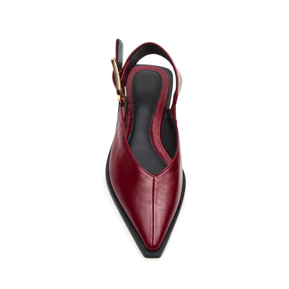 Burgundy Vegan Leather Pointed-Toe Slingback Buckle Flats