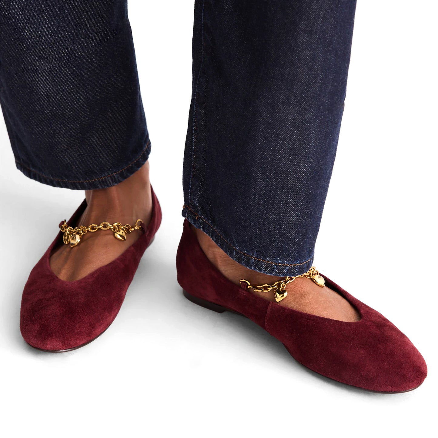 Wine Red Faux Suede Round-Toe Mary Jane Classic Ballet Flats