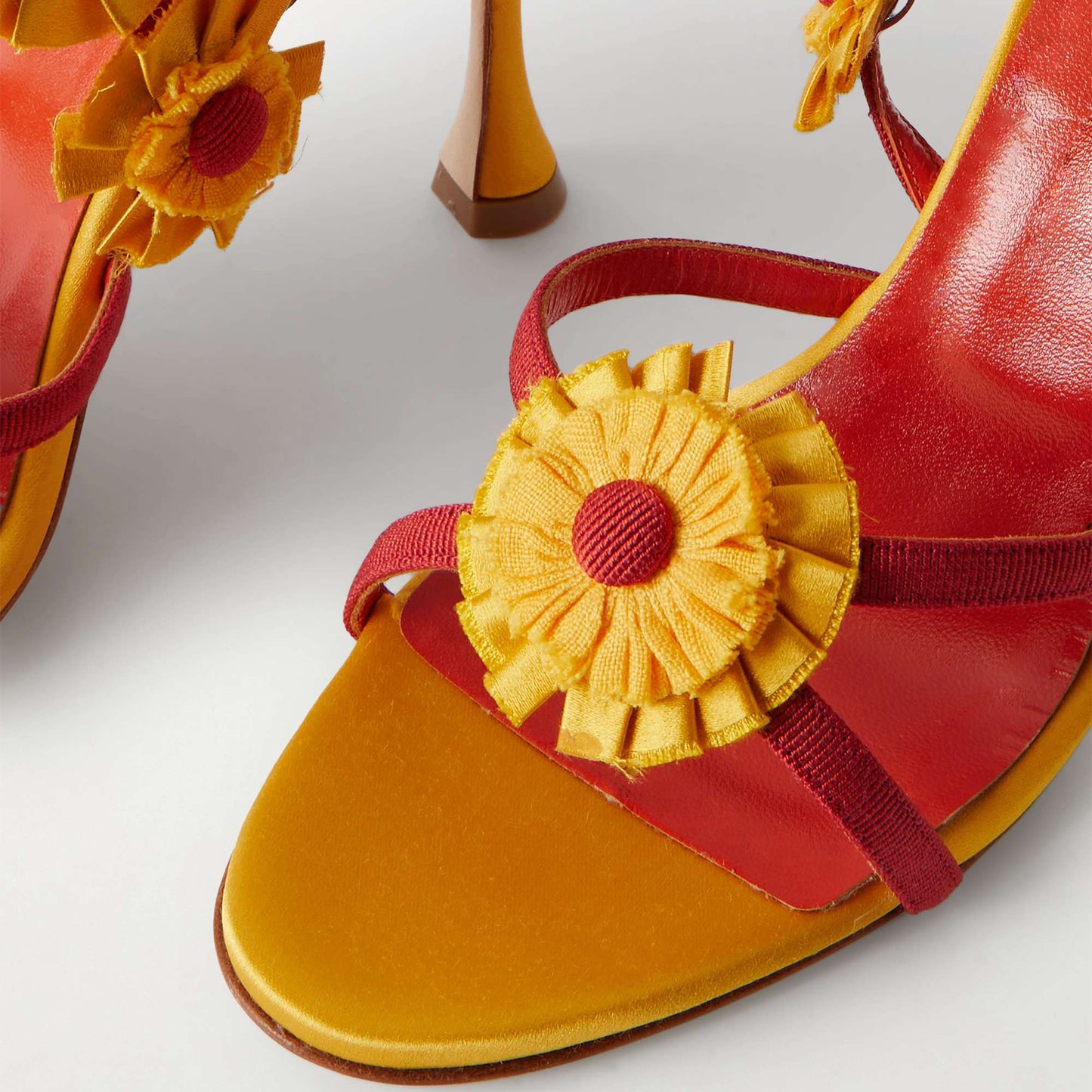 Yellow Satin Round-Toe Strappy With Flowers Detail High Heels