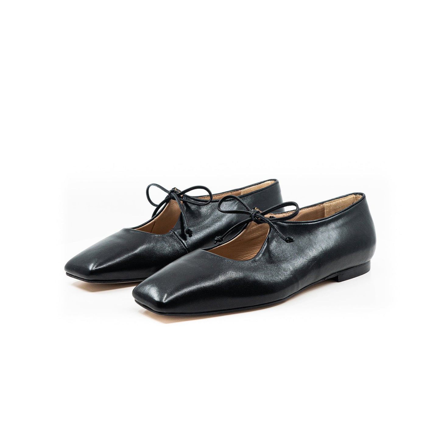 Black Vegan Leather Square-Toe Vamp Strap With Bow Ballet Flats