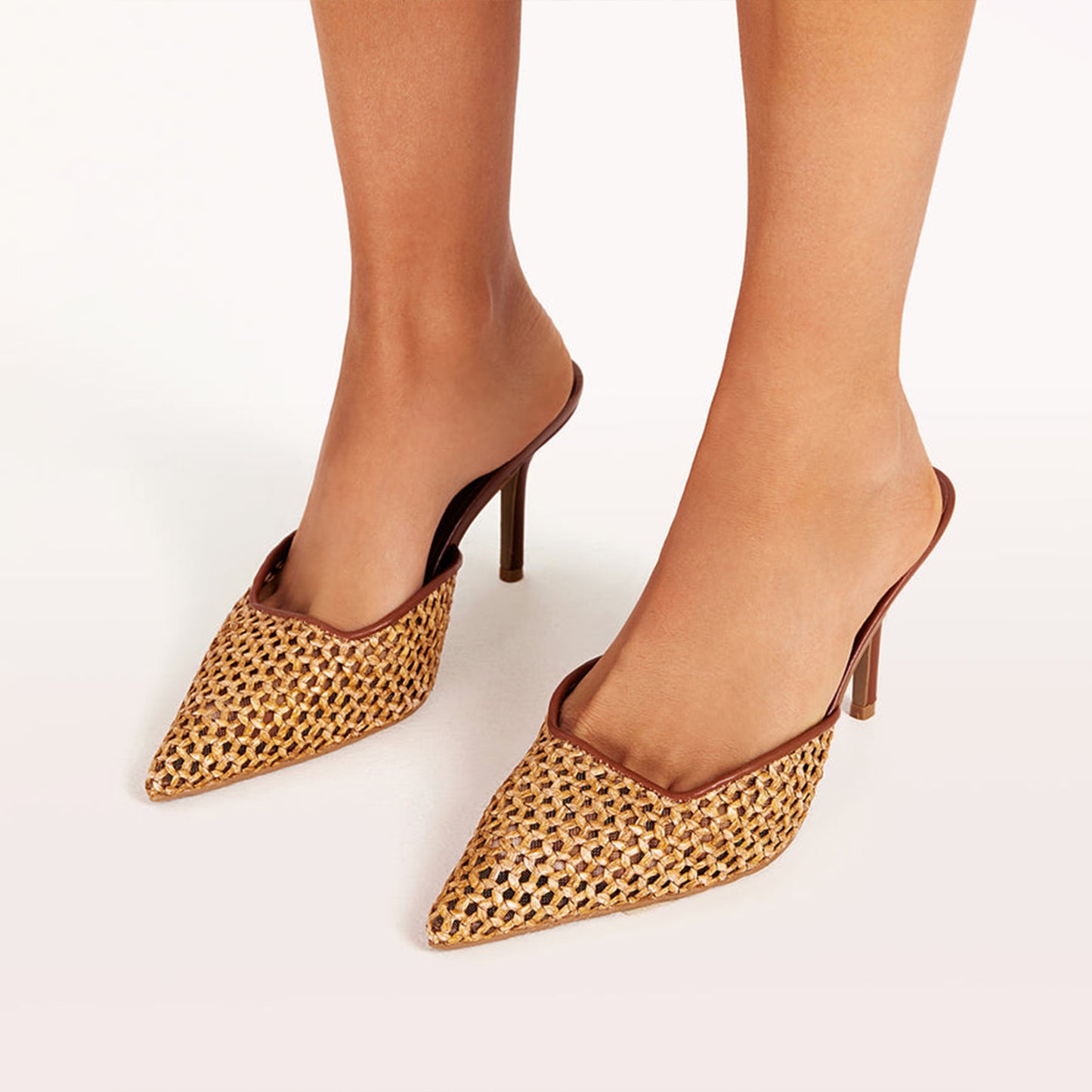Dark Tan Specially Woven Pointed-Toe Backless High Heels