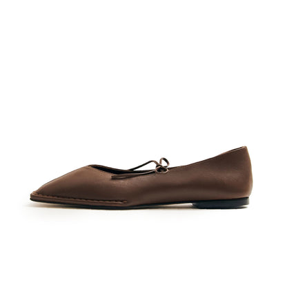 Brown Square-Toe V-Cut Vamps Bridge Self-Tie Bow Ballet Flats