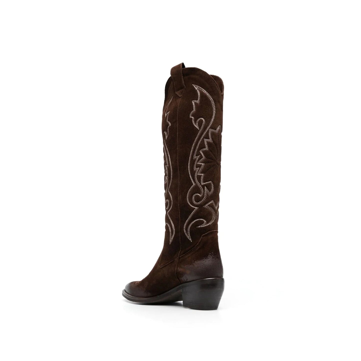 Dark Brown Faux Suede Pointed-Toe Embroidery Wide Calf Knee High Cowgirl Boots