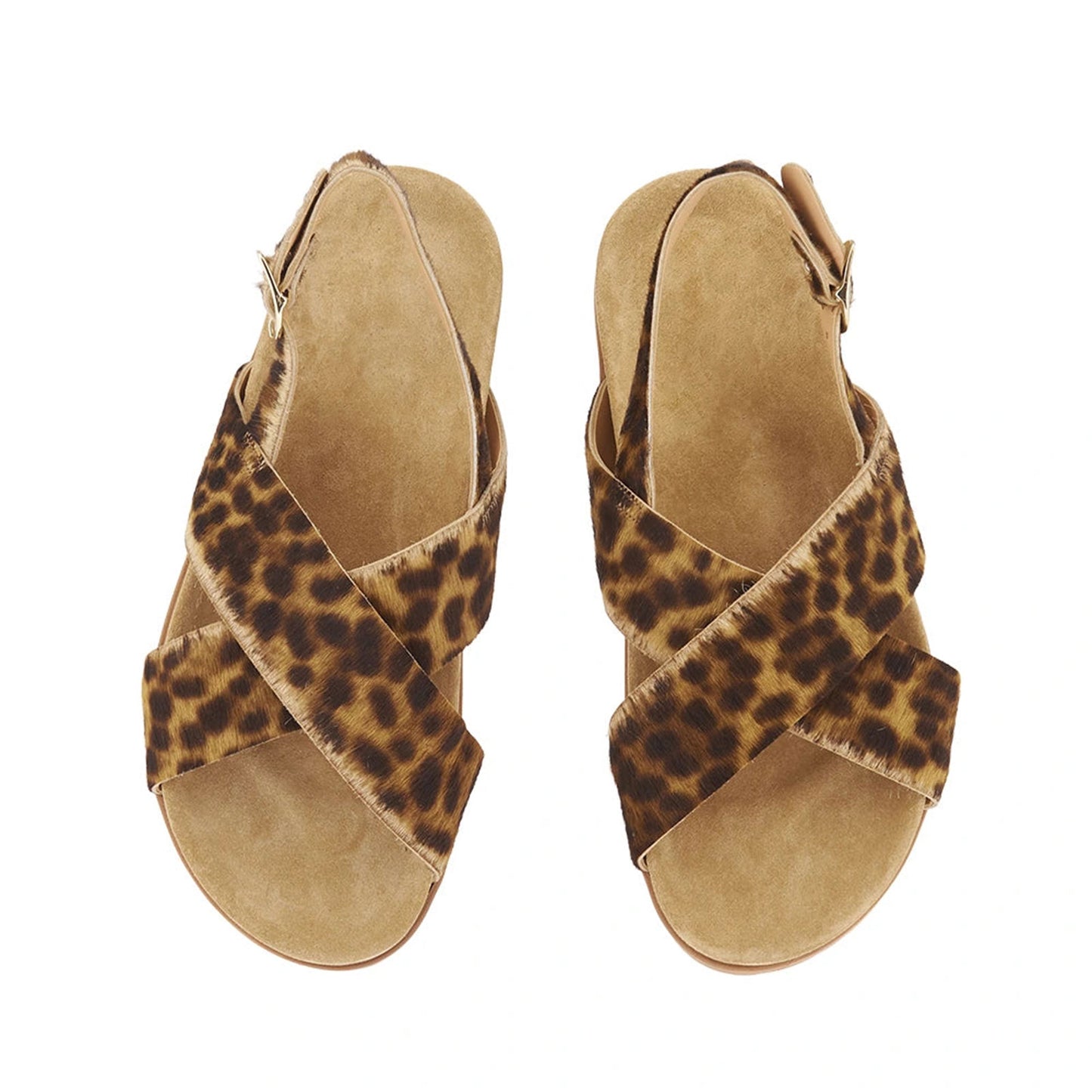 Leopard Pattern Pony Hair Square-Toe Crossed Strap Slingback Flats