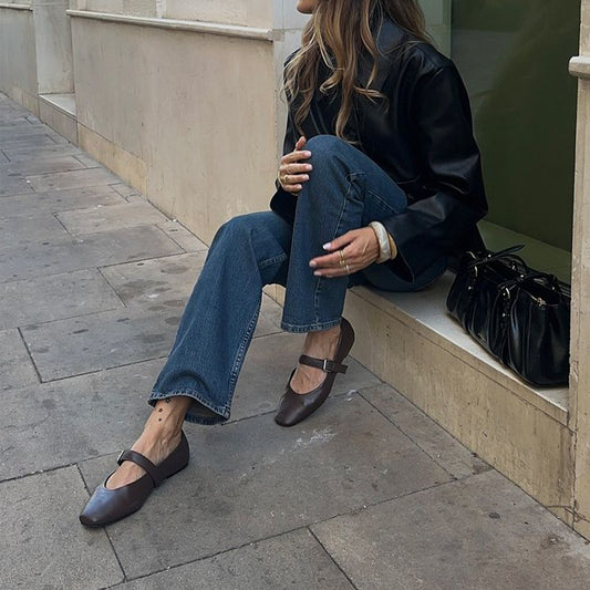 Brown Square-Toe Buckle Mary Jane Ballet Flats
