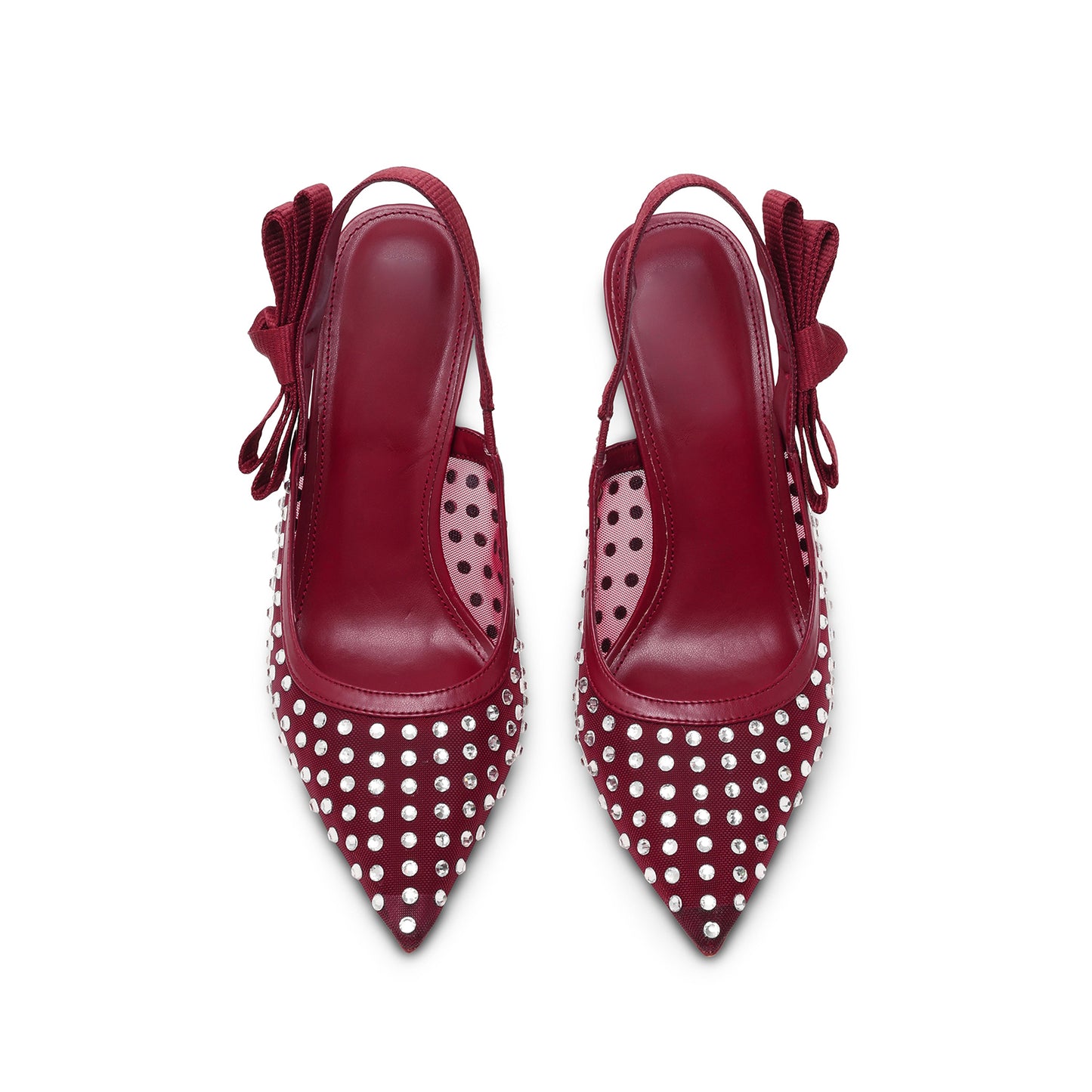 Red Mesh Rhinestones Pointed-Toe Slingback With Bow High Heels Pumps