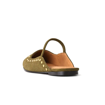 Olive Green Faux Suede Square-Toe Bridge Strap Studded Slip-On Flats