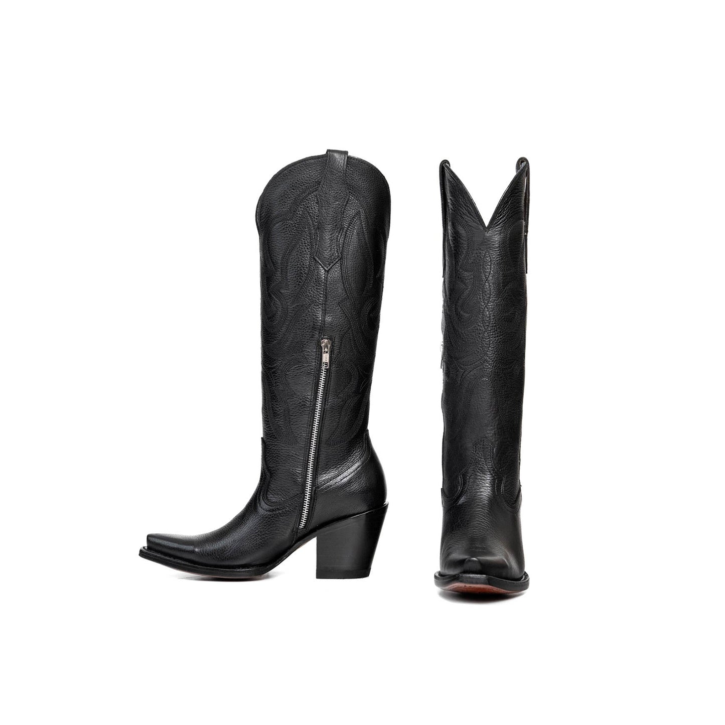 Sleek Black Snip-Toe Embroidery Half-Zip Knee High Cowgirl Boots