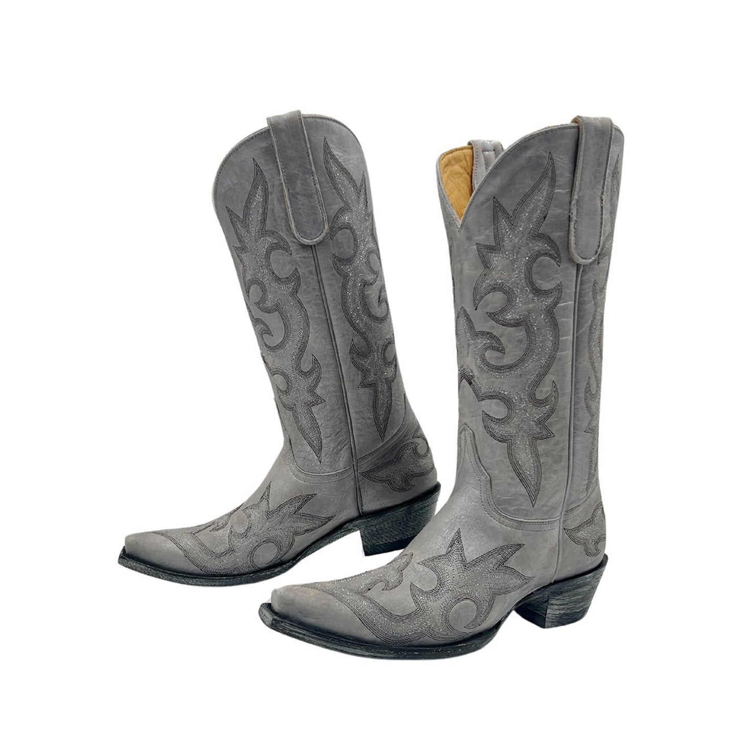 Gray Snip-Toe Delicate Embroidery Chic Cowgirl Boots