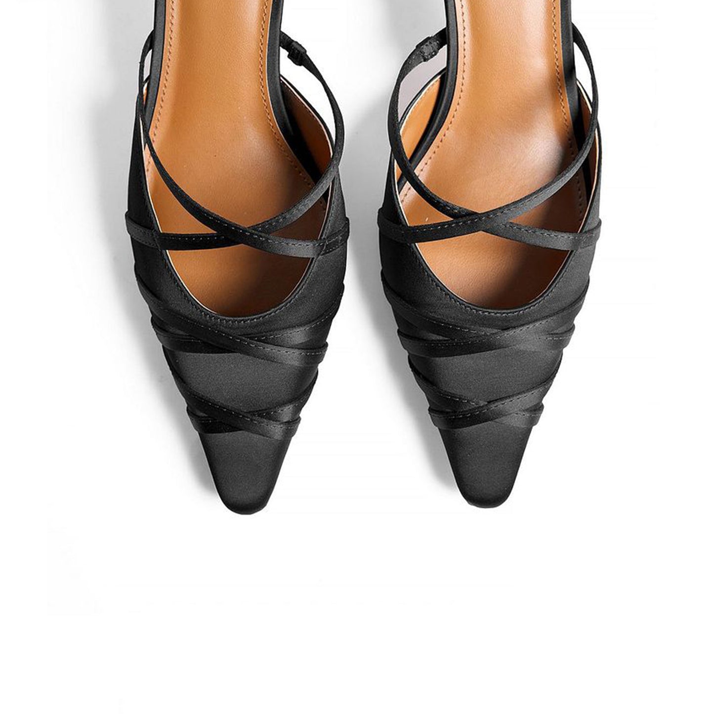 Black Satin Pointed-Toe Lace Up Detail Kitten Heels Pumps