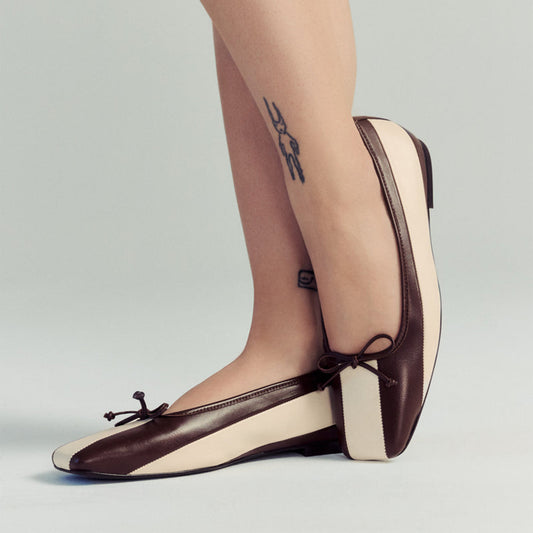 Contrast Cream And Brown Square-Toe Front Bow Slip-On Ballet Flats