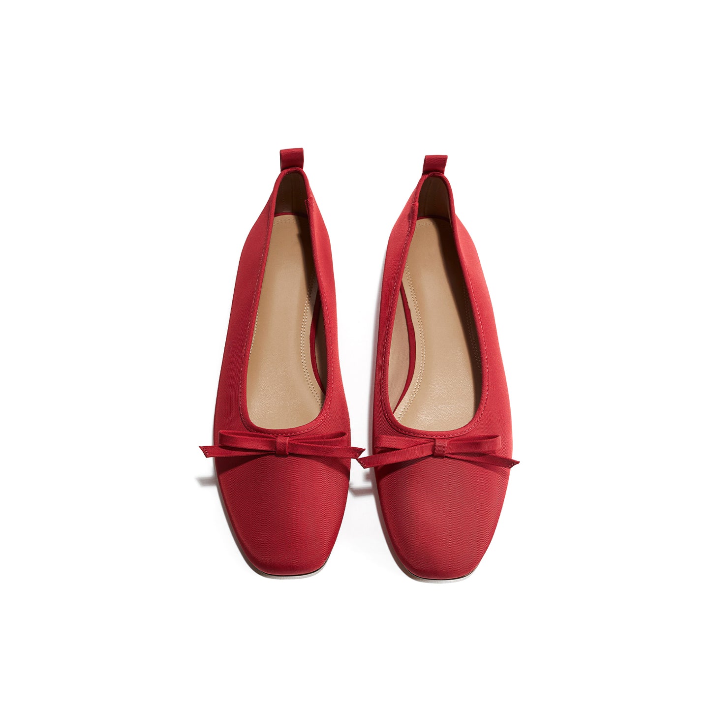 Red Satin Square-Toe Classic Ballet Flats With Front Bow