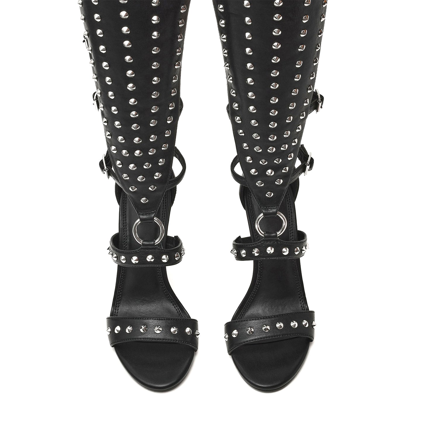 Black Round-Toe Buckle Strappy Full Studs Back Full-Zip Knee High Stiletto Boots