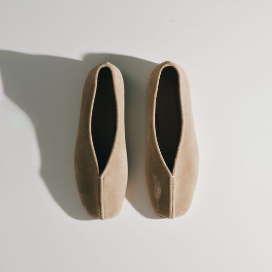 Beige Faux Suede Square-Toe Ballet Classic Flats