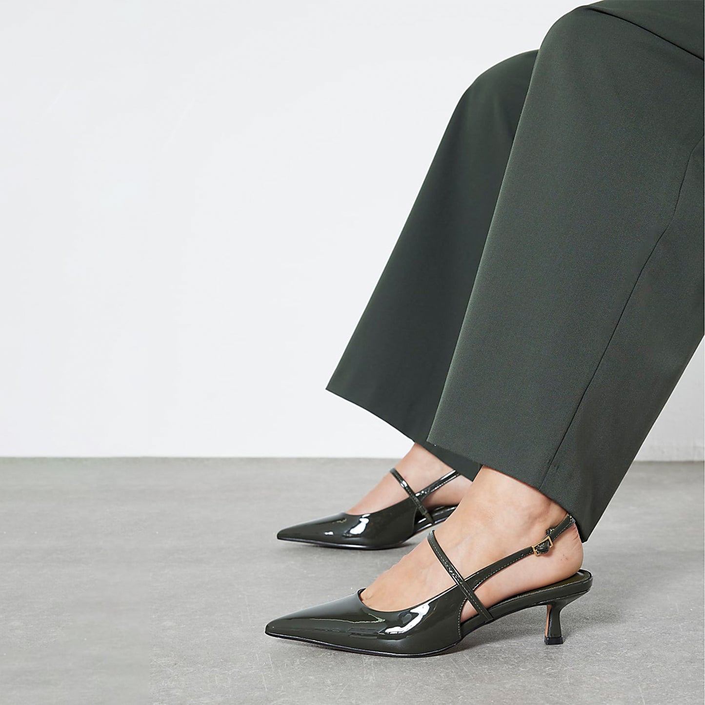 Patent Khaki Pointed-Toe Strappy Slingback Kitten Heels