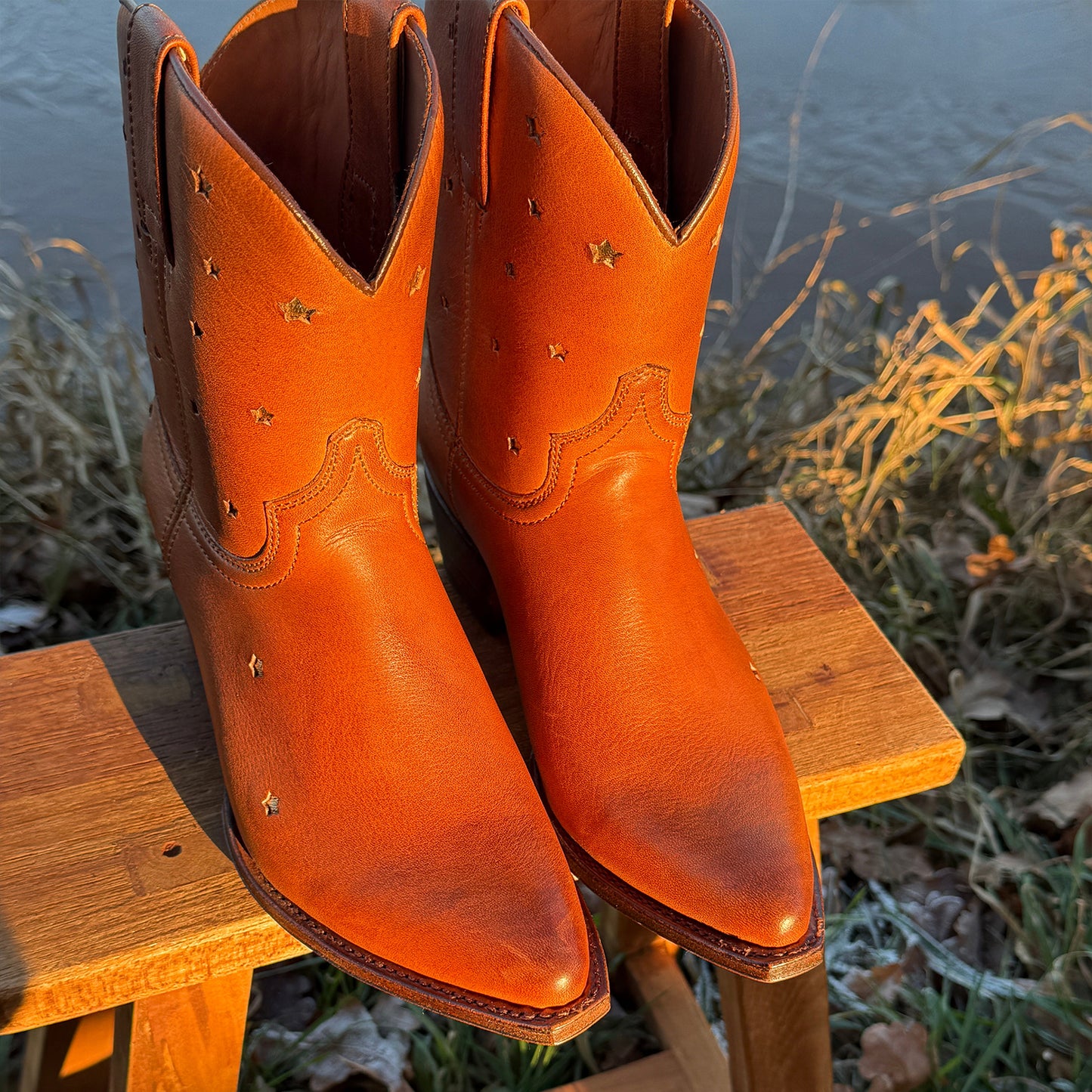 Cognac Snip-Toe Little Stars Inlays Ankle Cowgirl Boots
