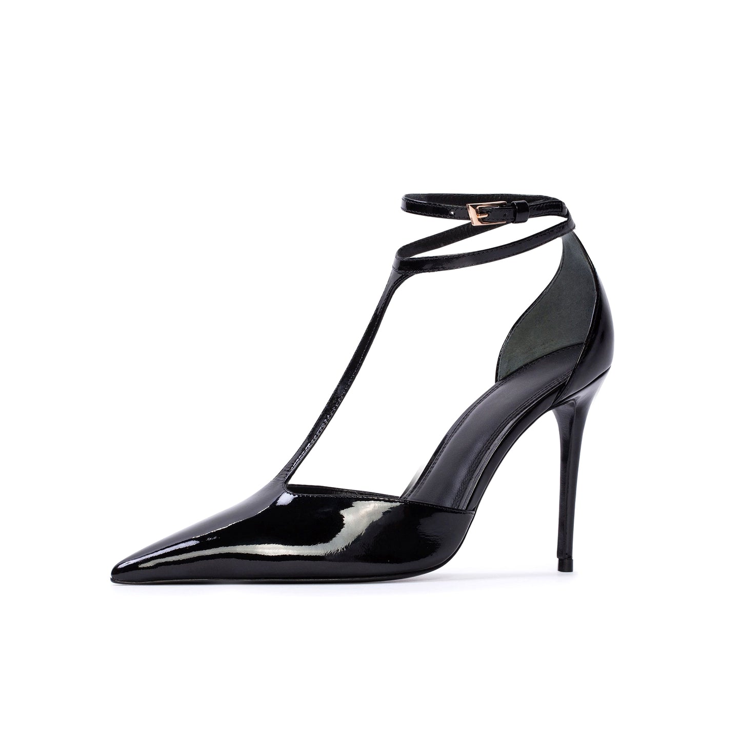 Patent Black Pointed Toe Ankle Strap With Buckle High Stiletto Heel