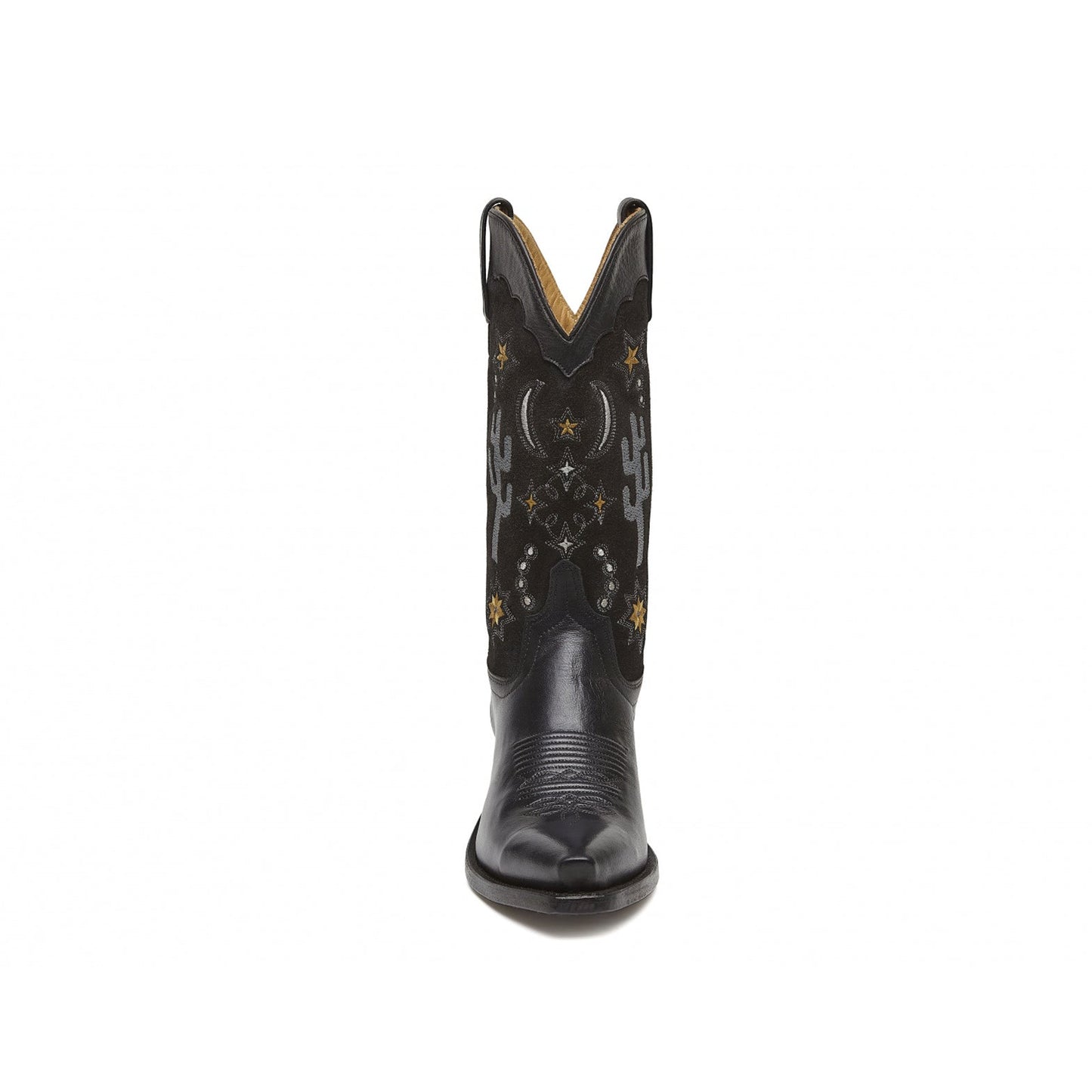 Black Snip-Toe Cactus And Cosmic Embroidery Mid Calf Cowgirl Boots
