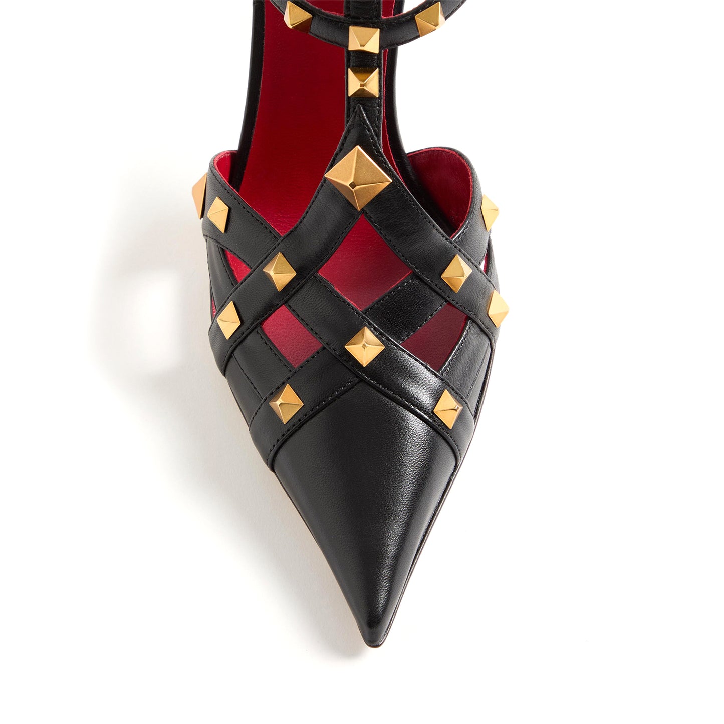 Black Pointed-Toe Studded Strappy Ankle Strap High Heels