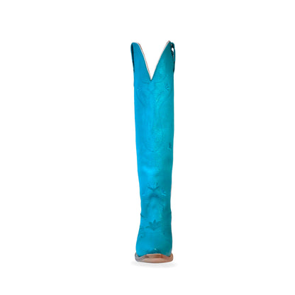 Sky Blue Snip-Toe Wide Calf Embroidery Knee High Cowgirl Boots