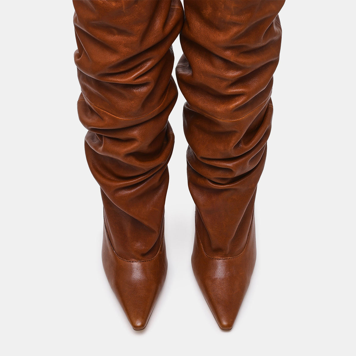Brown Vegan Leather Pointed-Toe Simple Wide Calf Knee High Stiletto Boots