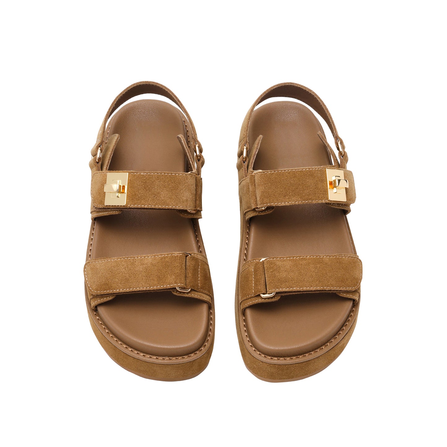 Tan Faux Suede Square-Toe Three Straps Sandals Flats