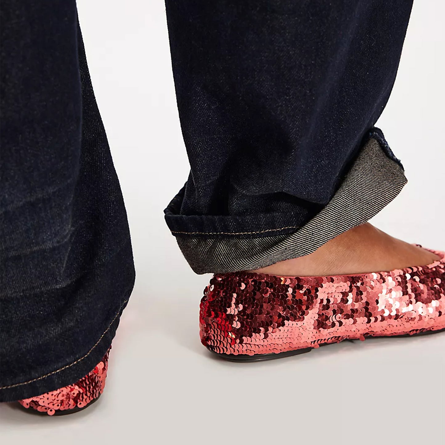 Peach Satin Round-Toe Classic Ballet Slip-On Sequin Flats