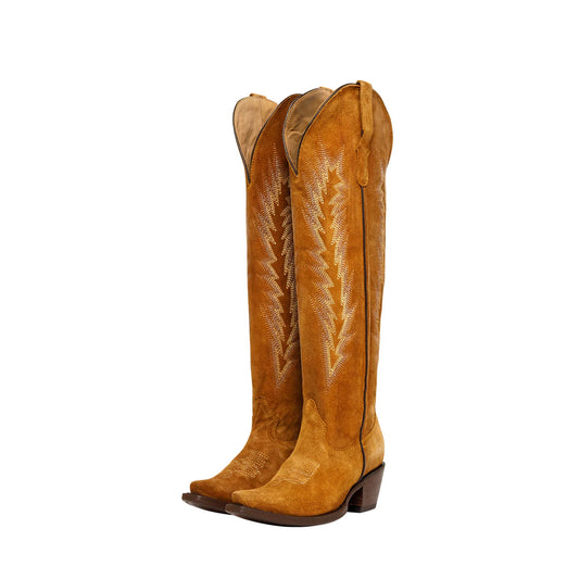 Honey Faux Suede Snip-Toe Embroidery Wide Calf Over-The-Knee Cowgirl Boots