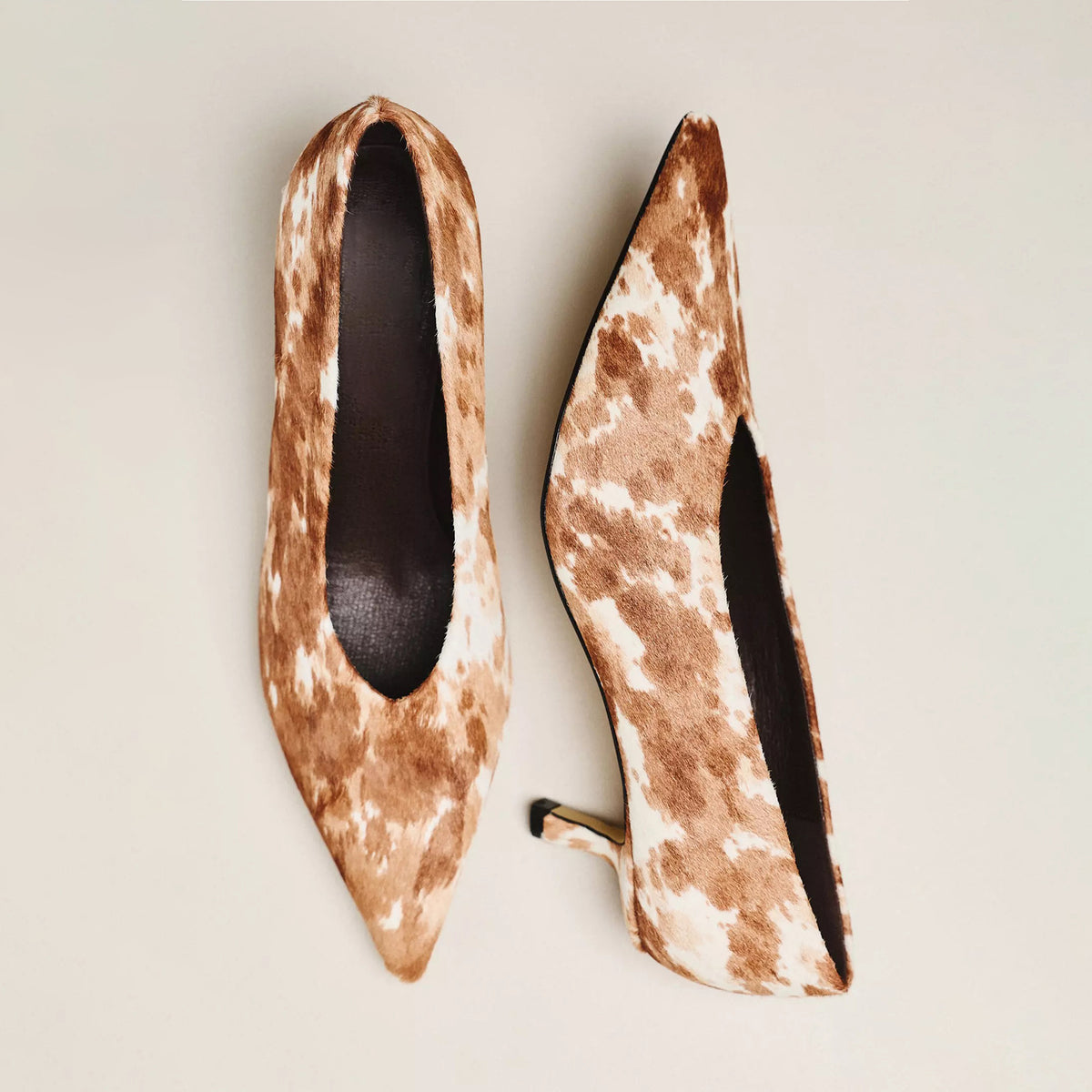Cow Pattern Pony Hair Vegan Leather Pointed-Toe Slip-On Chic Kitten Heels