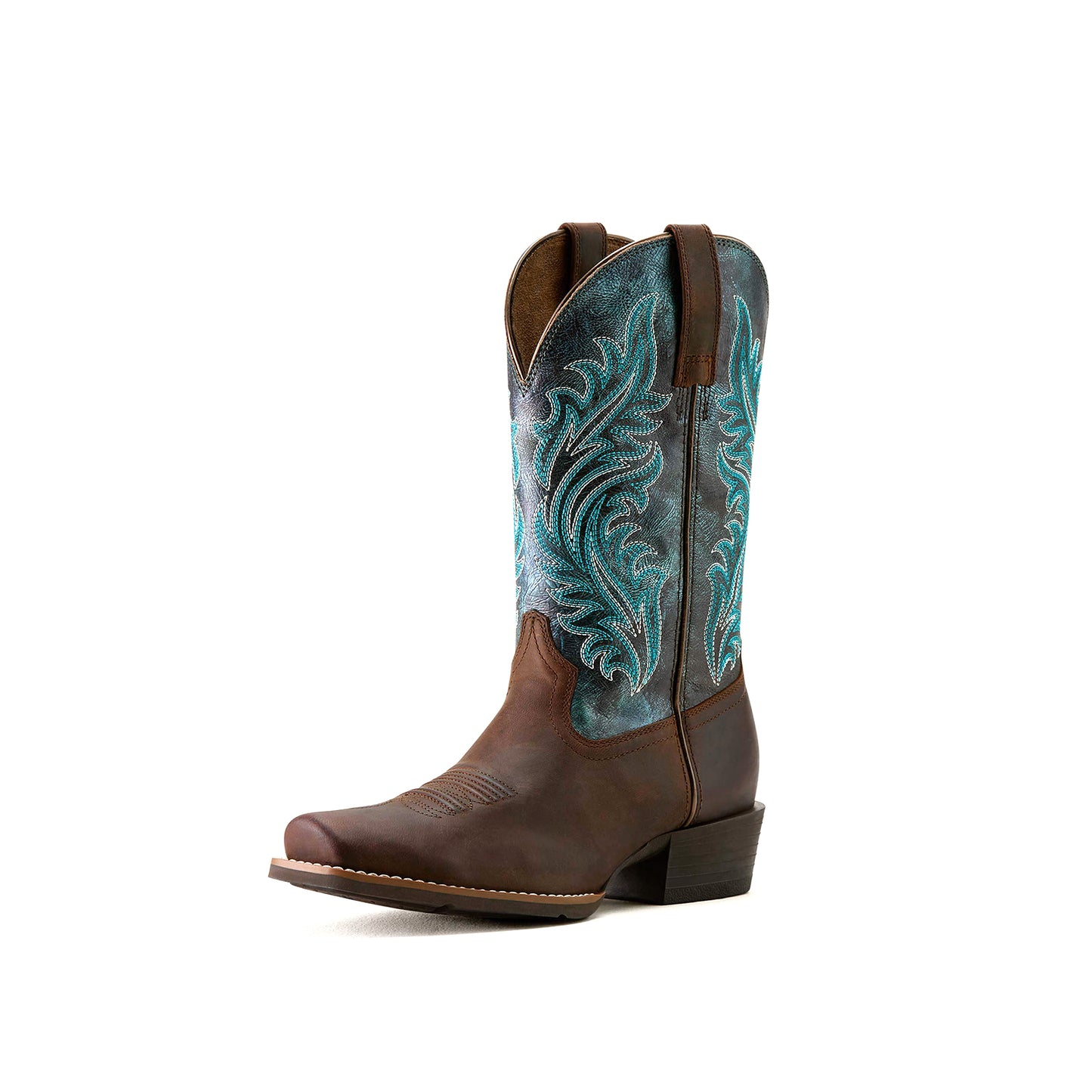 Contrast Brown And Navy Square-Toe Classic Embroidery Mid Calf Cowgirl Boots