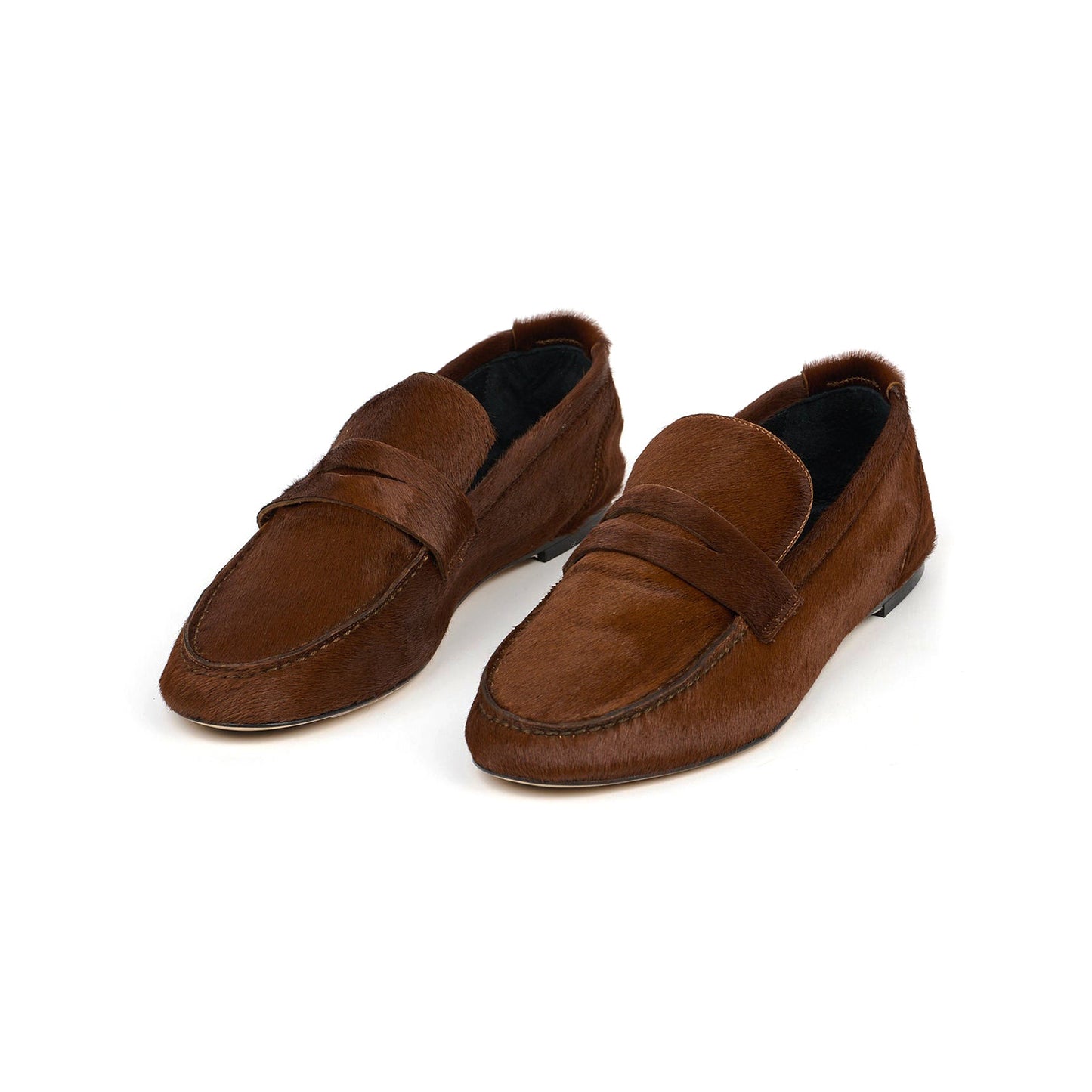 Brown Pony Hair Vegan Leather Round-Toe Slip-On Chic Loafers Flats