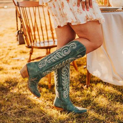 Turquoise Almond-Toe Curled Embroidery Full-Zip Knee High Cowgirl Boots