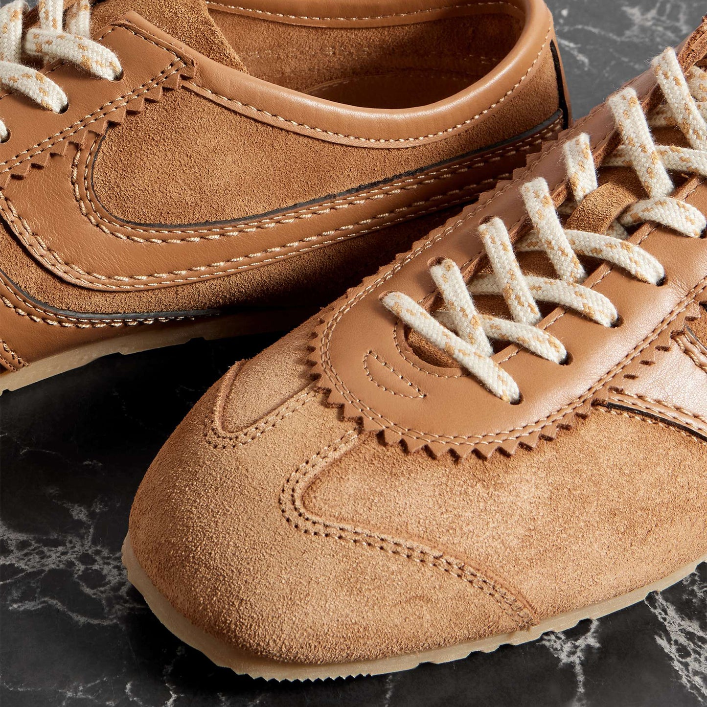 Tan Contrast Faux Suede And Vegan Leather Square-Toe Lace-Up Sneakers Flats