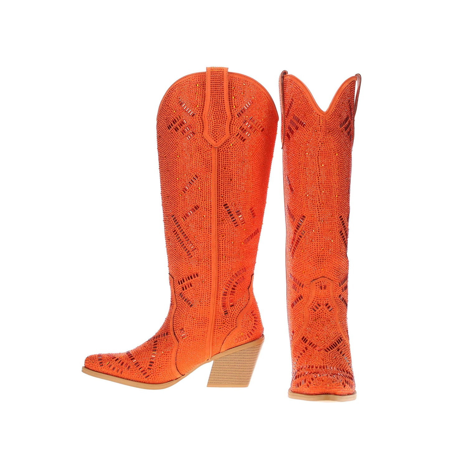 Orange Faux Suede Pointed-Toe Full Crystals Wide Calf Knee High Cowgirl Boots