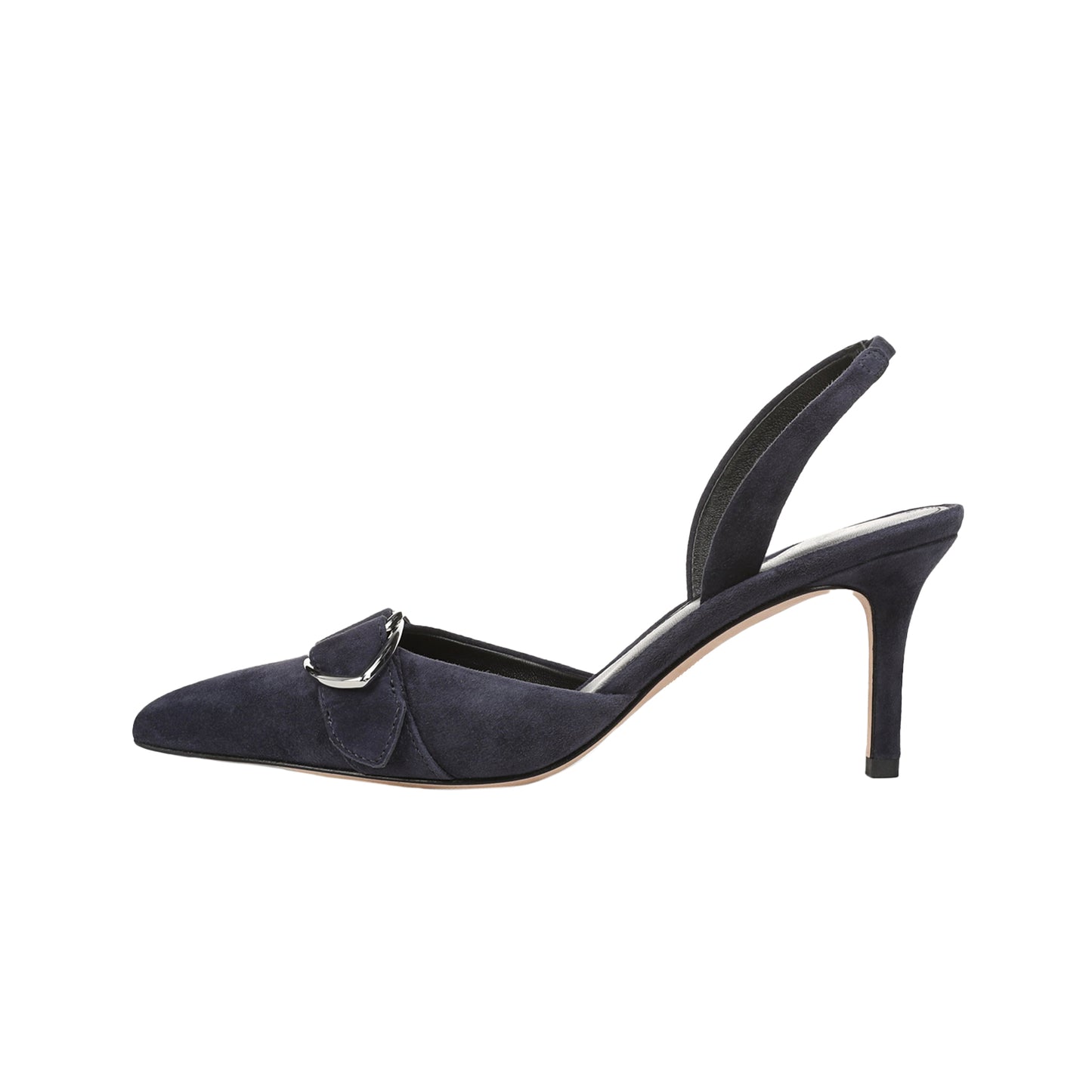 Navy Faux Suede Pointed-Toe Front Gold D-Ring Strap Slingback Kitten Heels