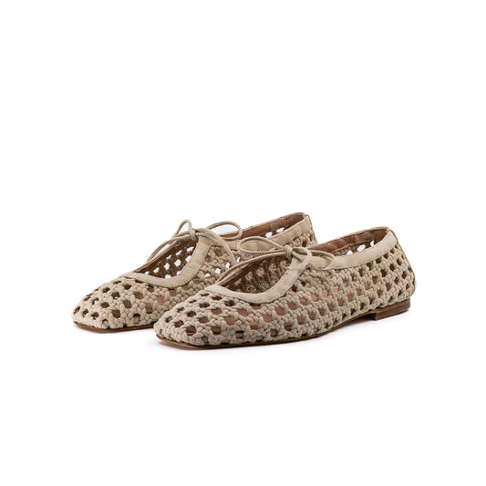 Beige Woven Vegan Leather Square-Toe Vamp Strap With Bow Ballet Flats
