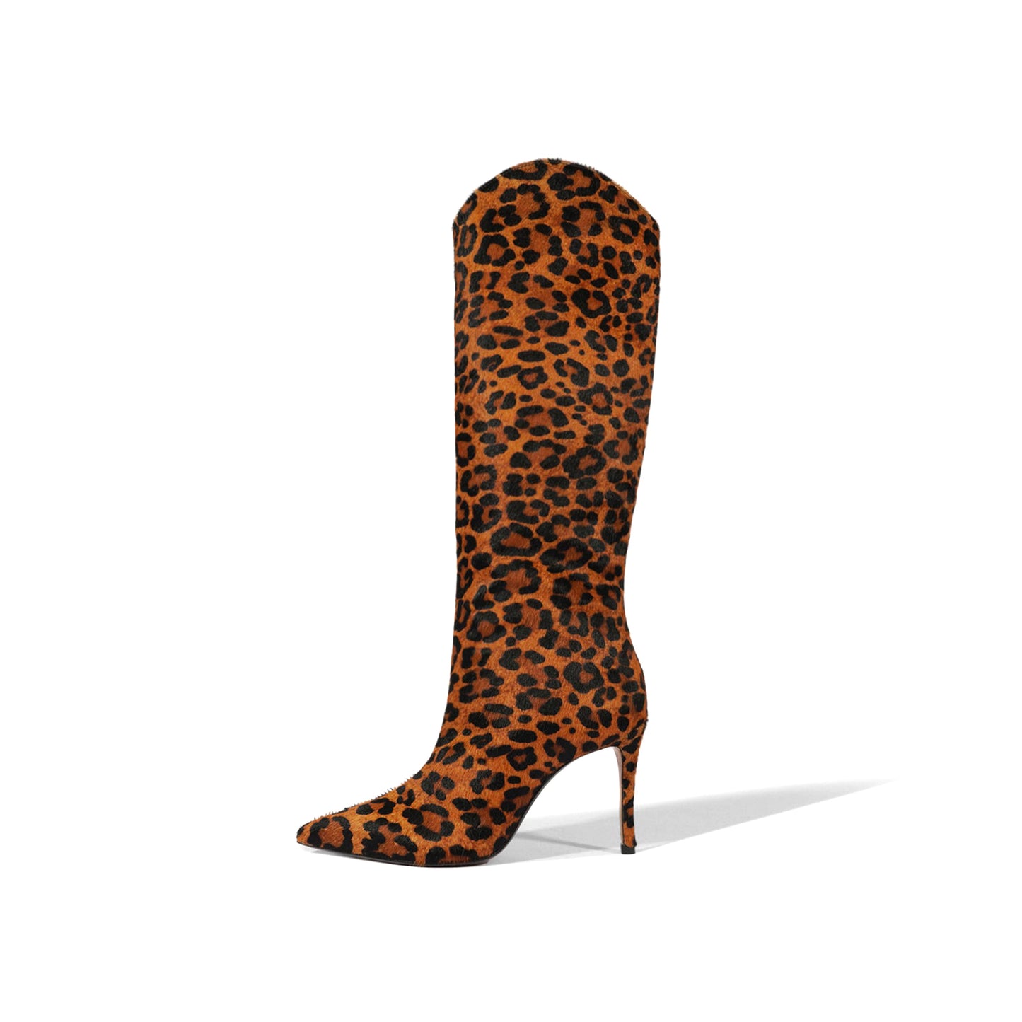Leopard Pony Hair Pointed-Toe Simple Wide Calf Knee High Stiletto Boots