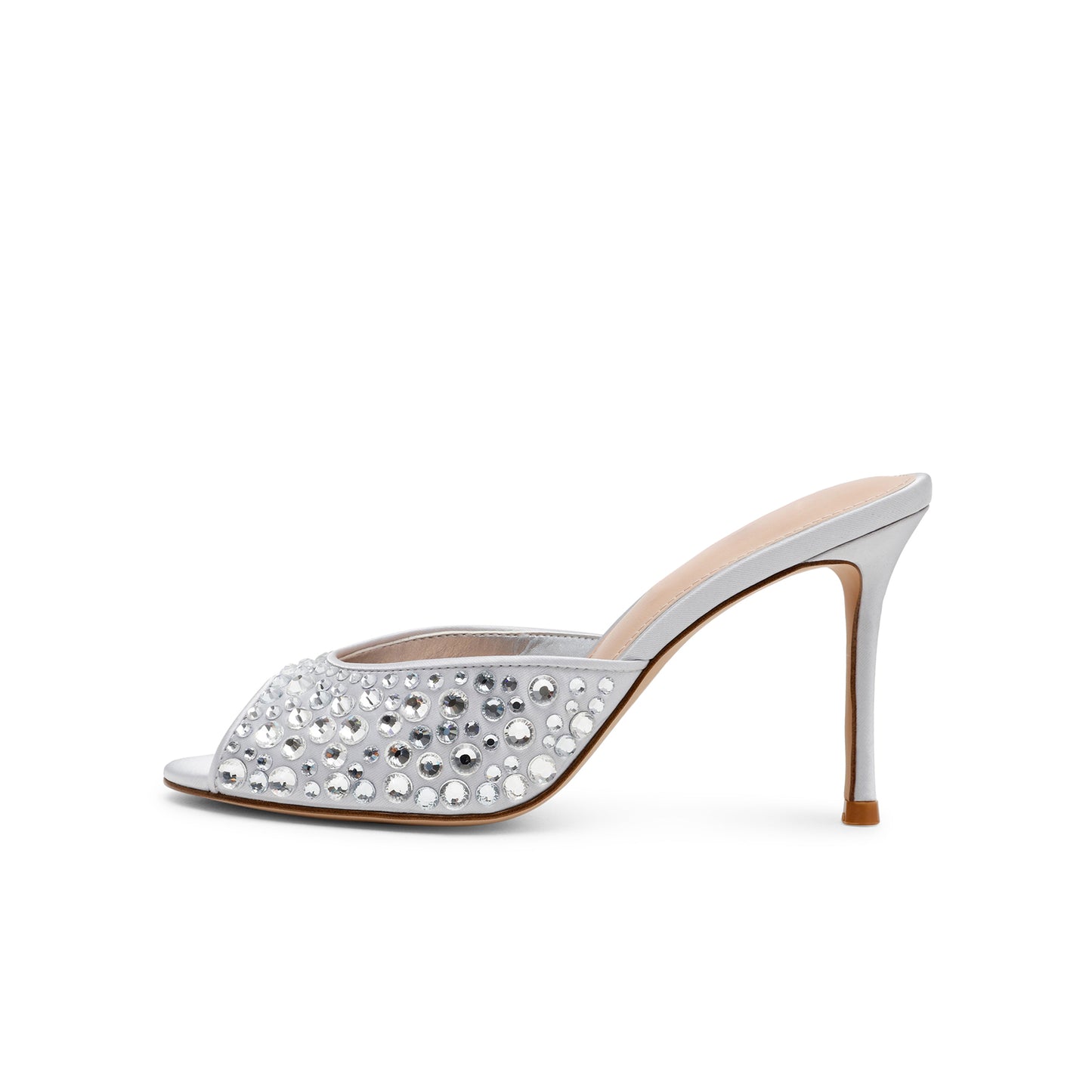 Silver Satin Open Almond-Toe Rhinestone Backless High Heels