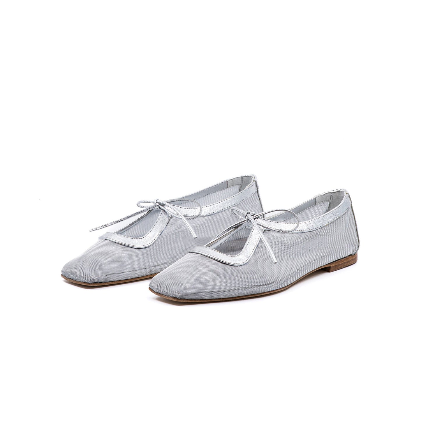 Metallic Silver Mesh Square-Toe Bow-Tied Vamp Strap Flats