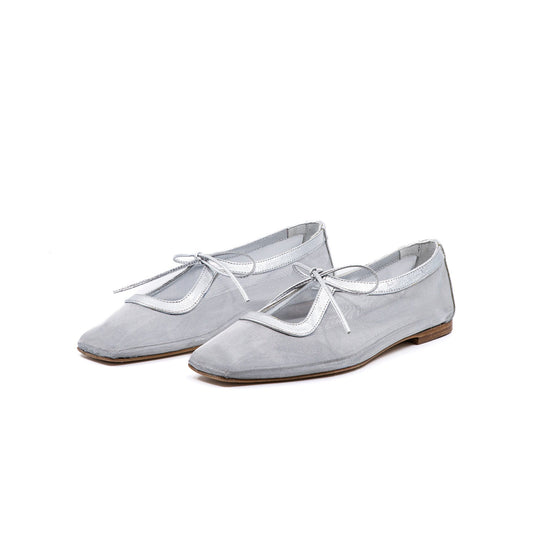 Metallic Silver Mesh Square-Toe Bow-Tied Vamp Strap Flats