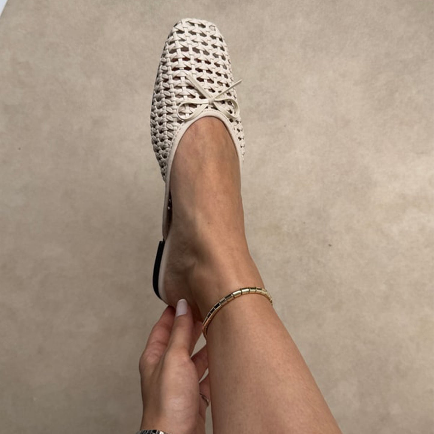 Ivory Woven Vegan Leather Square-Toe Front Bow Backless Chic Flats