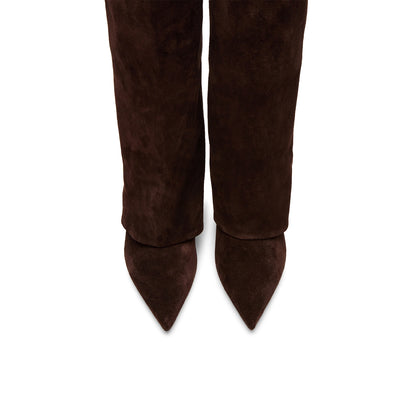 Brown Faux Suede Pointed-Toe Fold-Over Wide Calf Knee High Stiletto Boots