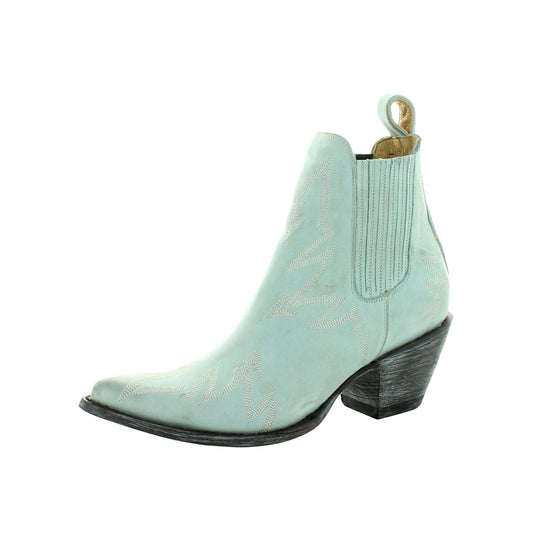 Distressed Mint Blue Almond-Toe Chic Embroidery Ankle Cowgirl Boots