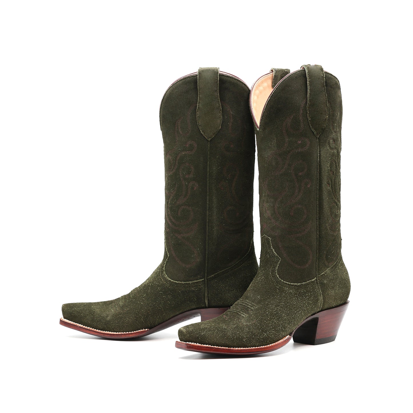 Green Faux Suede Snip-Toe Chic Embroidery Mid Calf Cowgirl Boots
