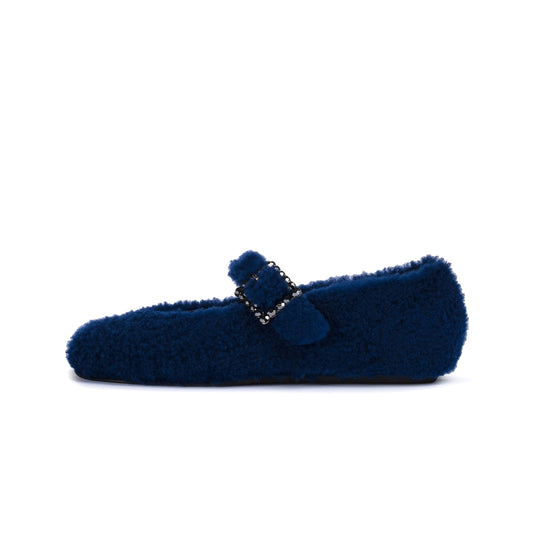 Blue Full Plush Square-Toe Bridge Strap Ballet Flats