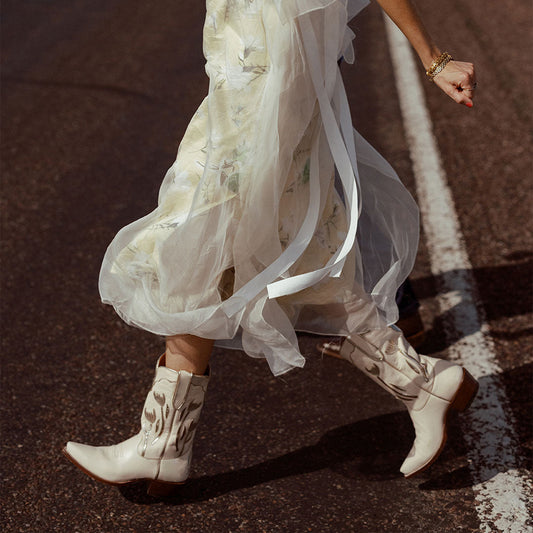Cream Snip-Toe Metallic Champagne Tulip Inlay Mid Calf Cowgirl Boots