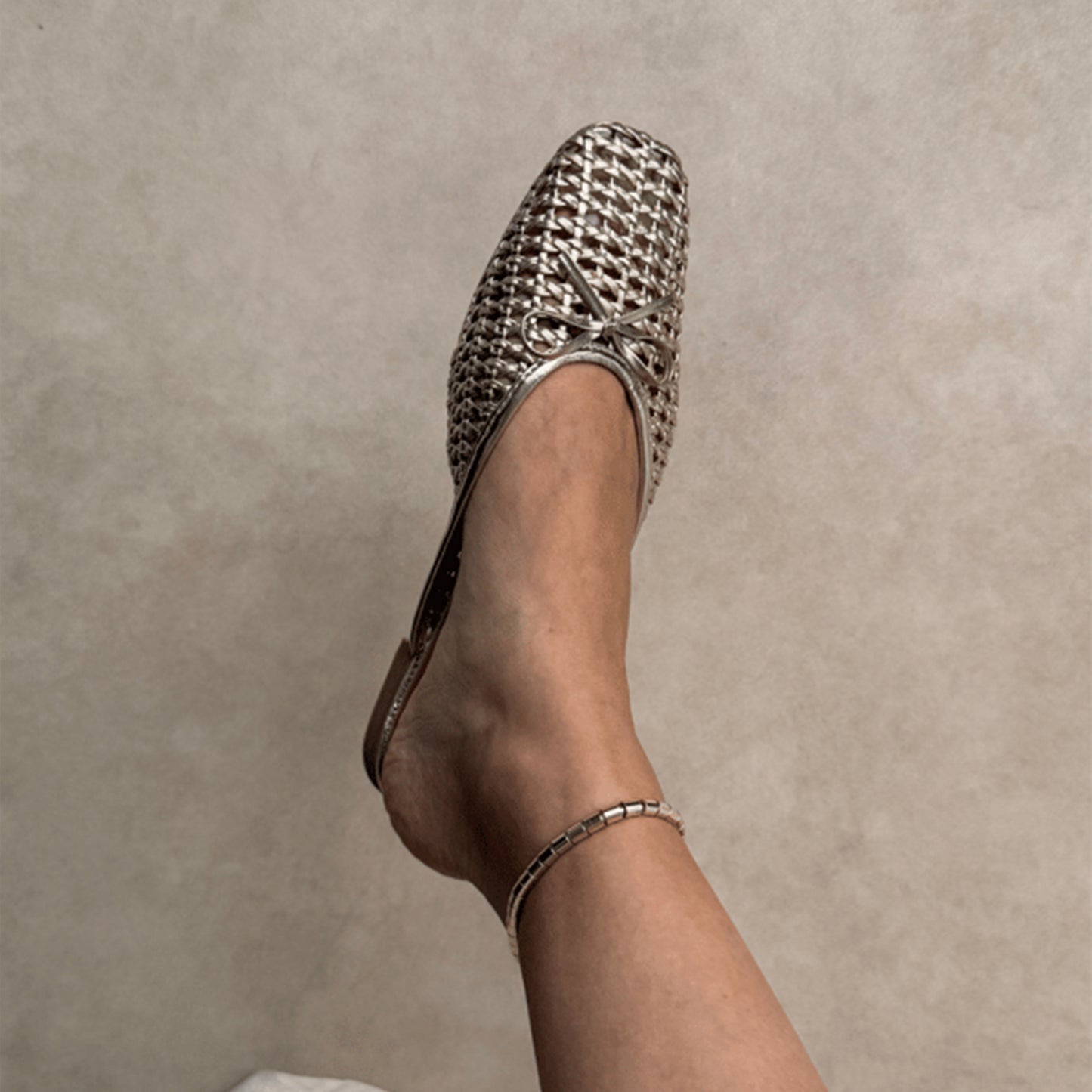 Metallic Gold Woven Vegan Leather Square-Toe Front Bow Backless Chic Flats